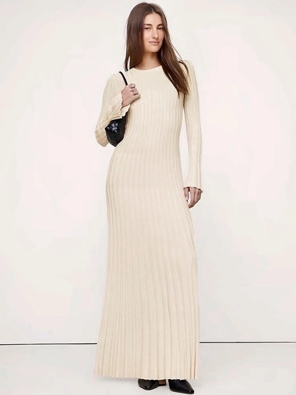 Banana Republic Stone Twill Beige Sculpted Ribbed Long-Sleeve Maxi Dress